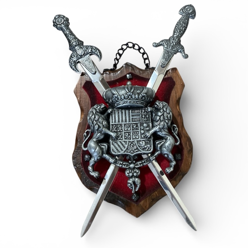 Crossed Swords Lions Shield Wall Display Coat of Arms Carved Wood Plaque 11”x8”